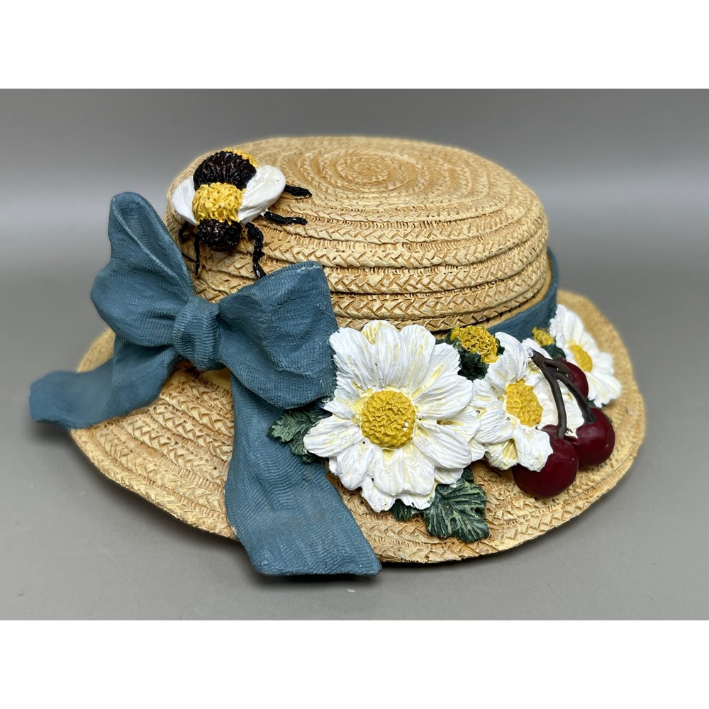 Vtg 1997 Sun Hat Shaped Trinket Box Bow Flowers Bee 4.5" by FIGI‎ Graphics Decor